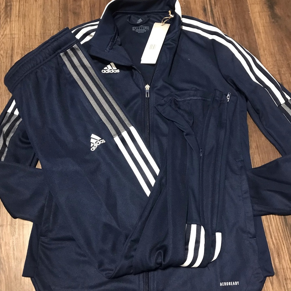 Brand new NWT adidas navy blue tracksuit ladies small pants and medium jacket. - Picture 1 of 9